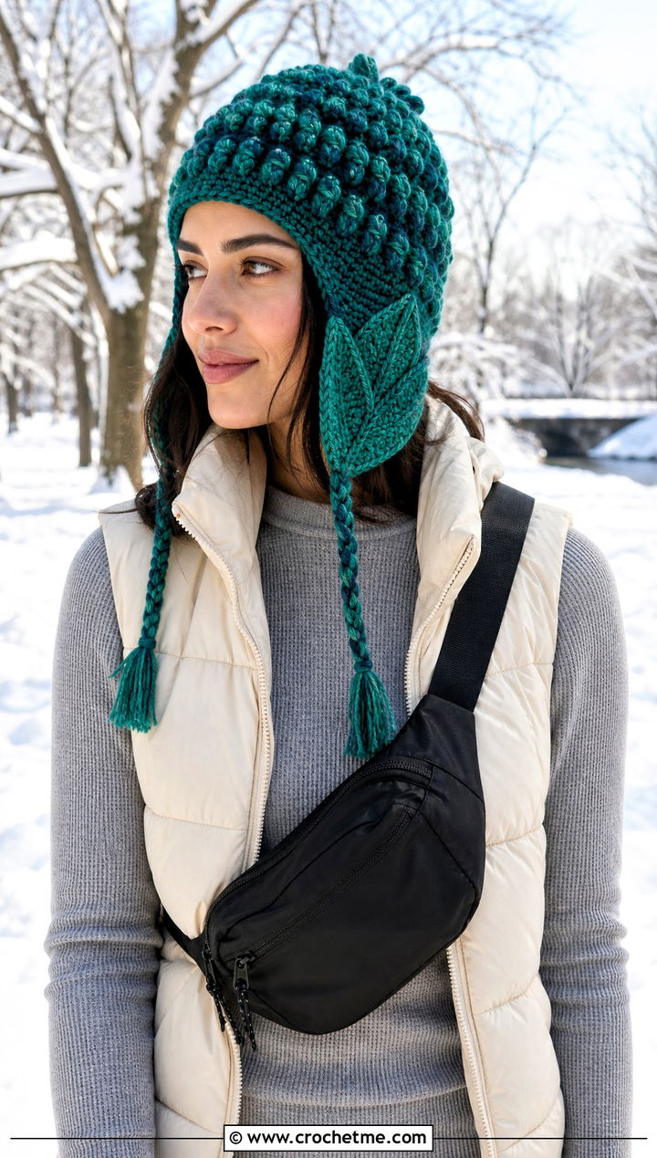 Corn Husk Crochet Earflap Hat With Puffer Vest - 15 Crochet Corn Hat outfit ideas