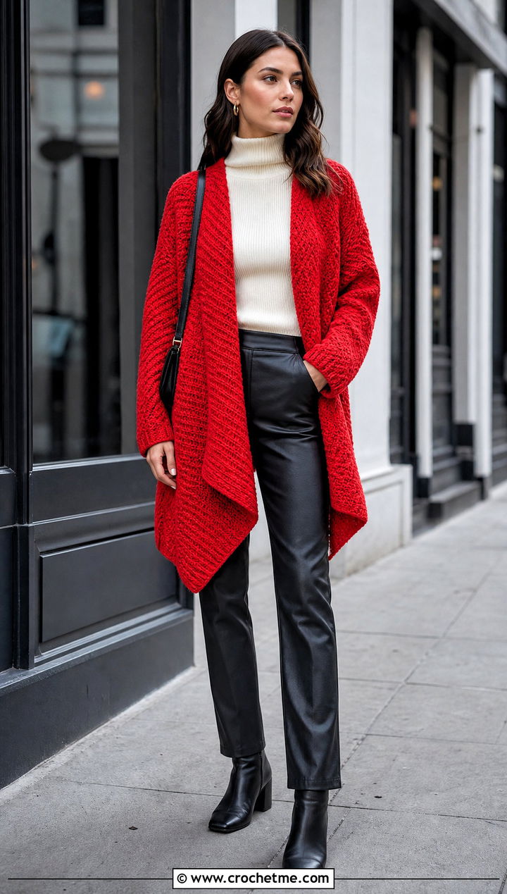 Corner To Corner Couch Crochet Cardigan With Leather Pants - 15 Couch Crochet Cardigan outfit ideas