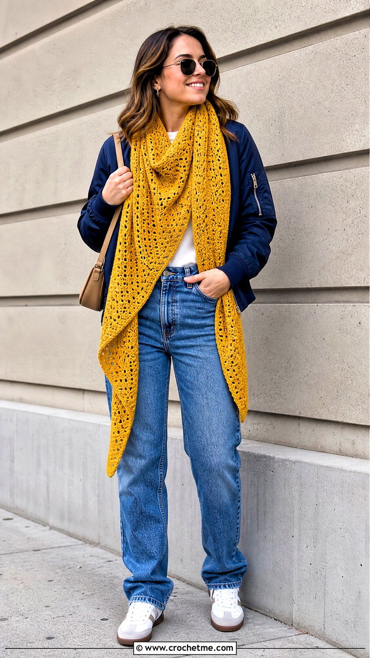 Corner To Corner Crochet Blanket Scarf With Bomber Jacket - 35 crochet blanket scarf outfit ideas