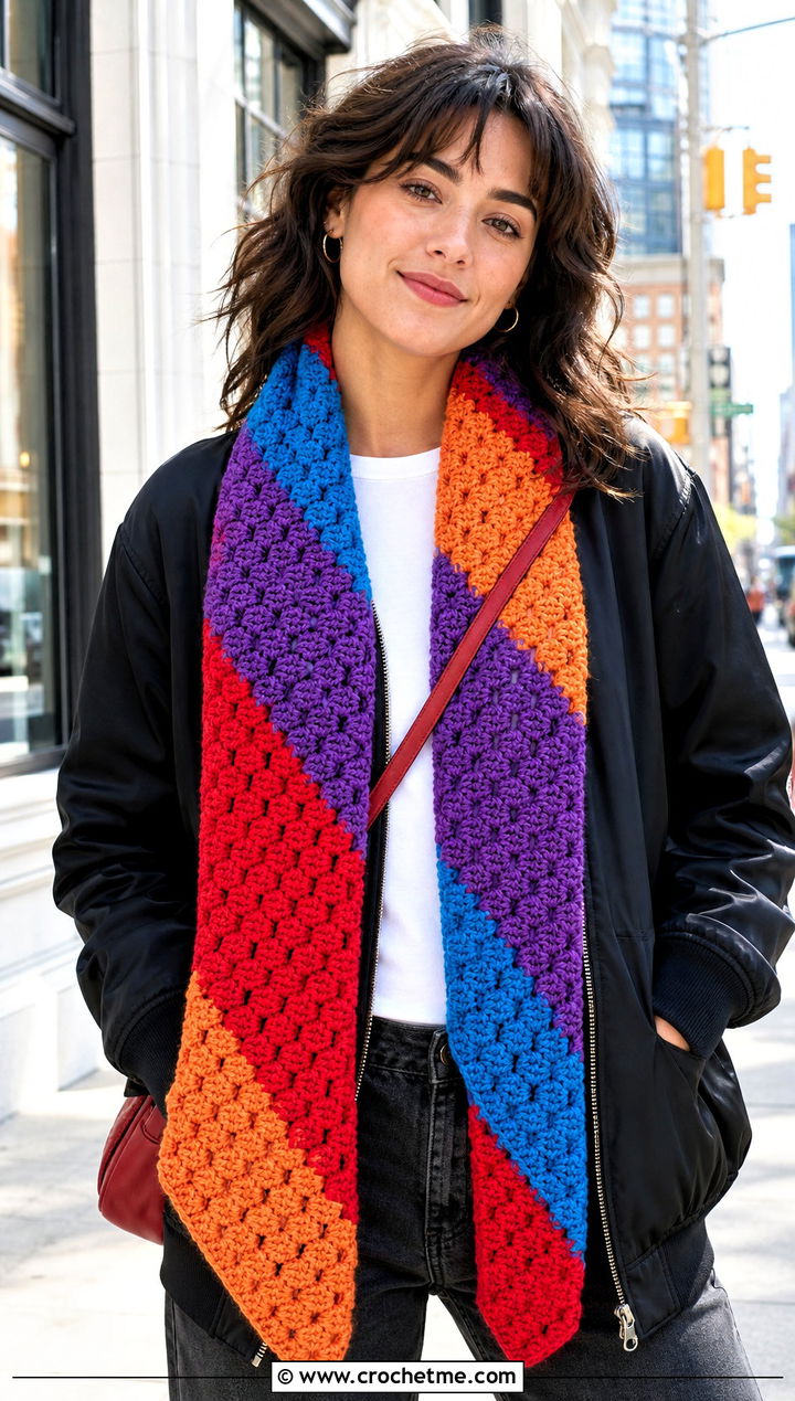 Corner To Corner Crochet Scarf With Bomber Jacket - 25 multi colored crochet scarf outfit ideas