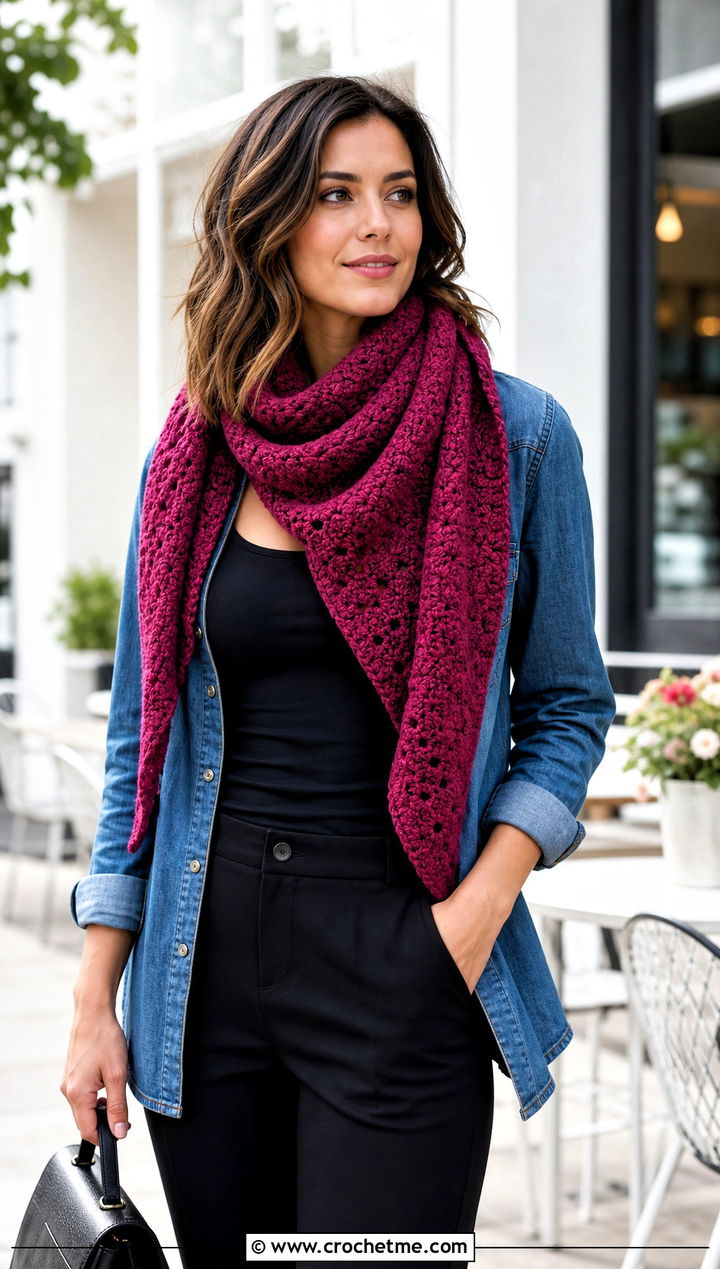 Corner To Corner Crochet Scarf With Denim Shirt - 25 Wednesday Crochet Scarf outfit ideas