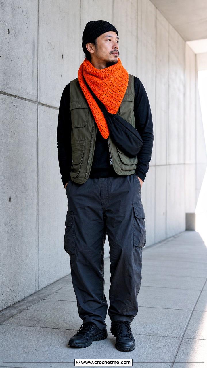 Corner To Corner Crochet Scarf With Utility Vest - 35 crochet scarf for men outfit ideas