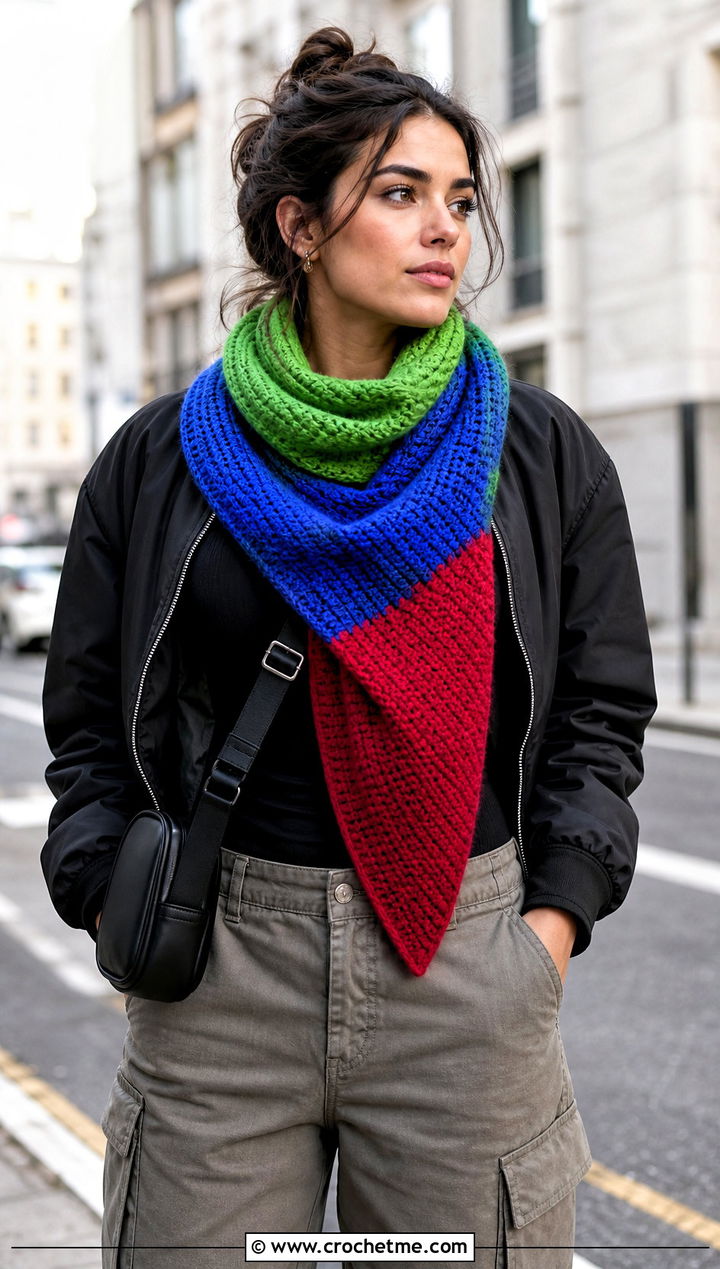Corner To Corner Temperature Scarf With Cargo Pants - 30 crochet temperature scarf outfit ideas