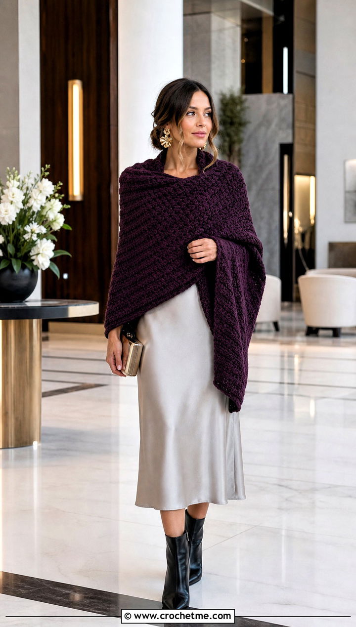 Corner to Corner Crochet Sweater Blanket With Satin Slip Dress - 25 crochet sweater blanket outfit ideas