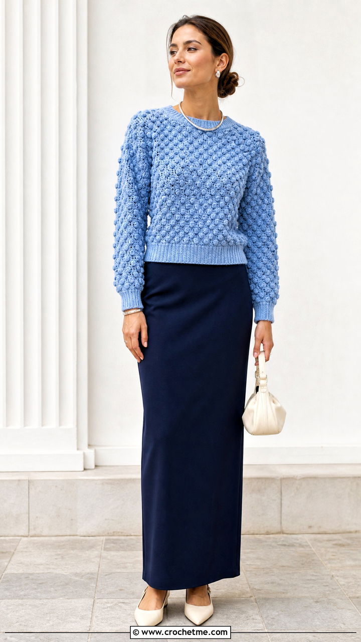 Cornflower Blue Bobble Stitch Crochet Sweater With Maxi Skirt - 35 blue crochet sweater outfit ideas