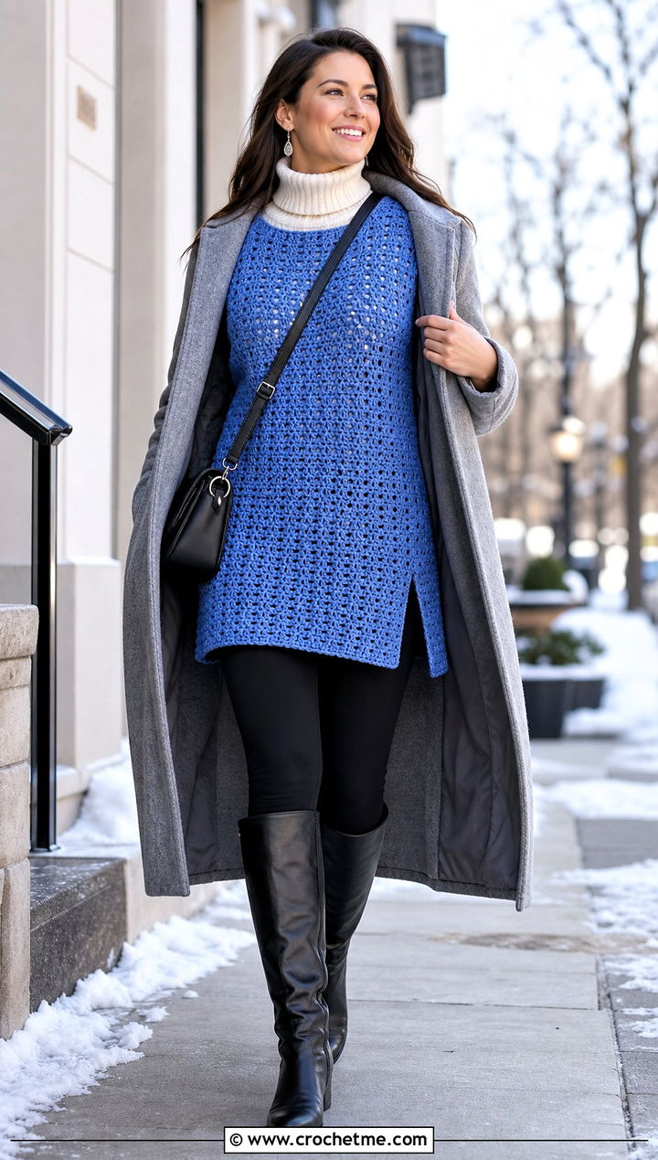 Cornflower Blue Crochet Tunic Blouse With Leggings And Boots - 15 Blue Crochet Blouse Design outfit ideas