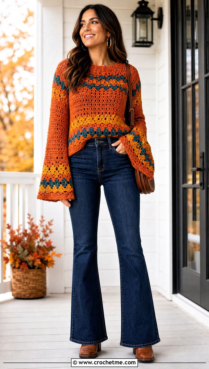 Cornucopia Bell Sleeve Crochet Sweater With Flare Jeans - 25 Crochet Thanksgiving Sweater outfit ideas