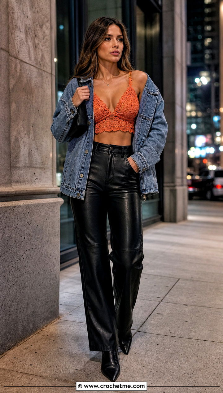 Corset Back Crochet Bralette With Leather Pants - 15 simple crochet bralette outfit ideas