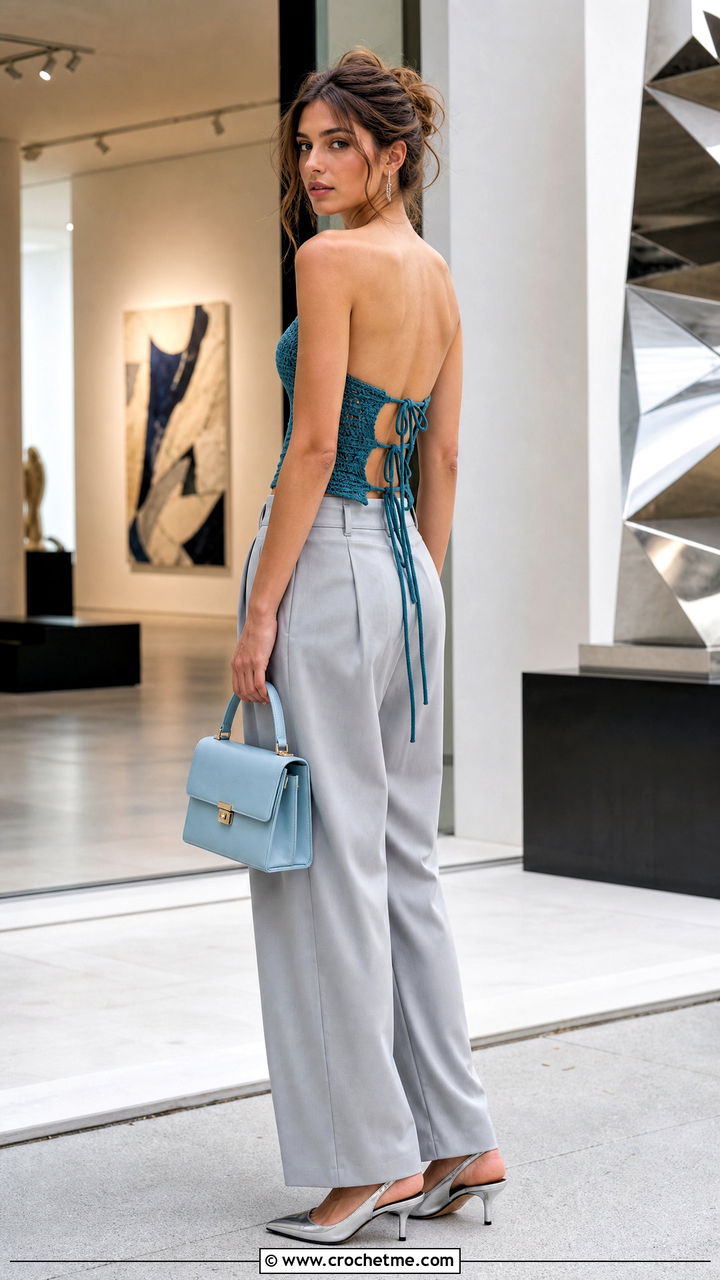 Corset Backless Crochet Top With Tailored Trousers - 35 backless crochet top outfit ideas