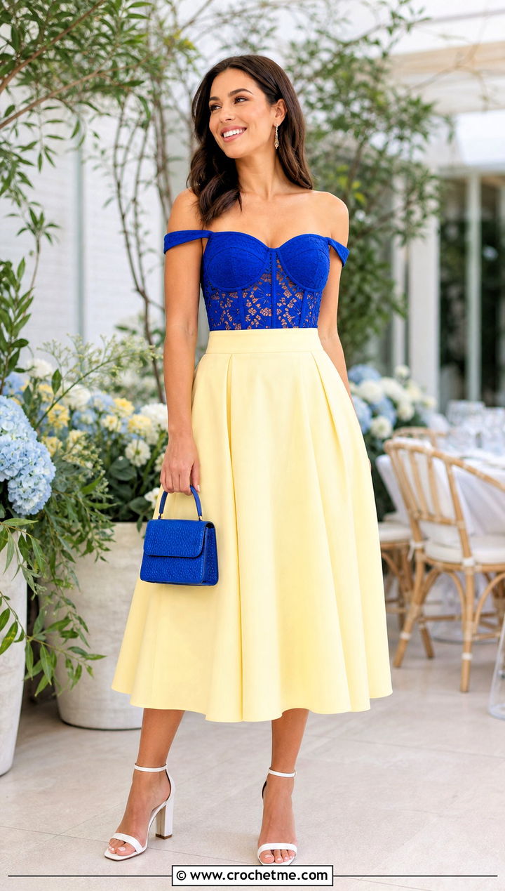Corset Band Mesh Off Shoulder Top With Full Midi Skirt - 25 crochet mesh off shoulder top outfit ideas