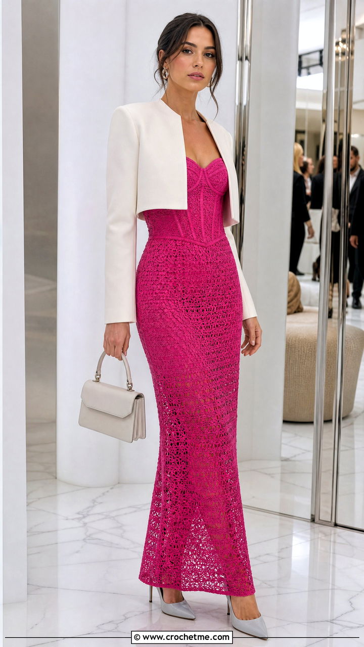 Corset Bodice Crochet Gown With Boxy Jacket - 35 crochet gown outfit ideas