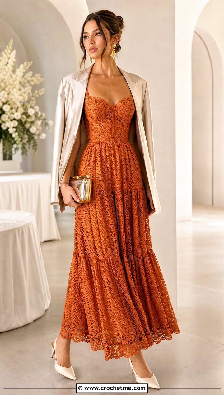 Corset Bodice Crochet Milkmaid Dress With Satin Blazer - 30 crochet milkmaid dress outfit ideas