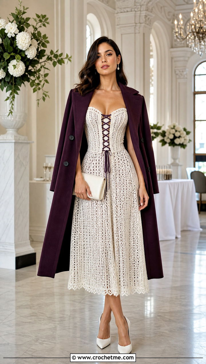 Corset Bodice White Crochet Midi Dress With Tailored Coat - 20 White Crochet Midi Dress outfit ideas