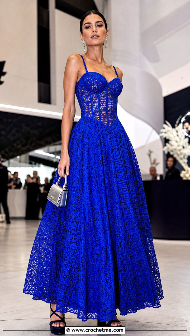Corset Crochet Ball Gown With Structured Mini Bag - 30 crochet ball gown dress outfit ideas