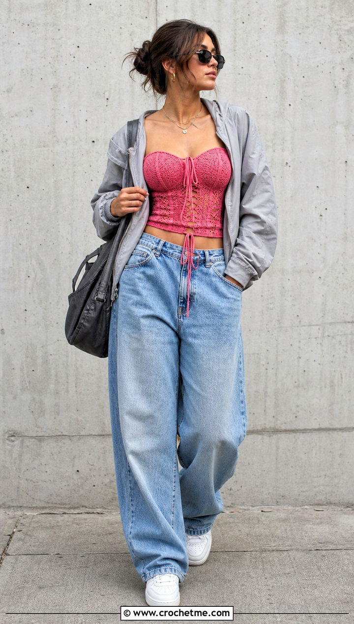 Corset Crochet Bustier With Baggy Jeans - 30 crochet bustier outfit ideas