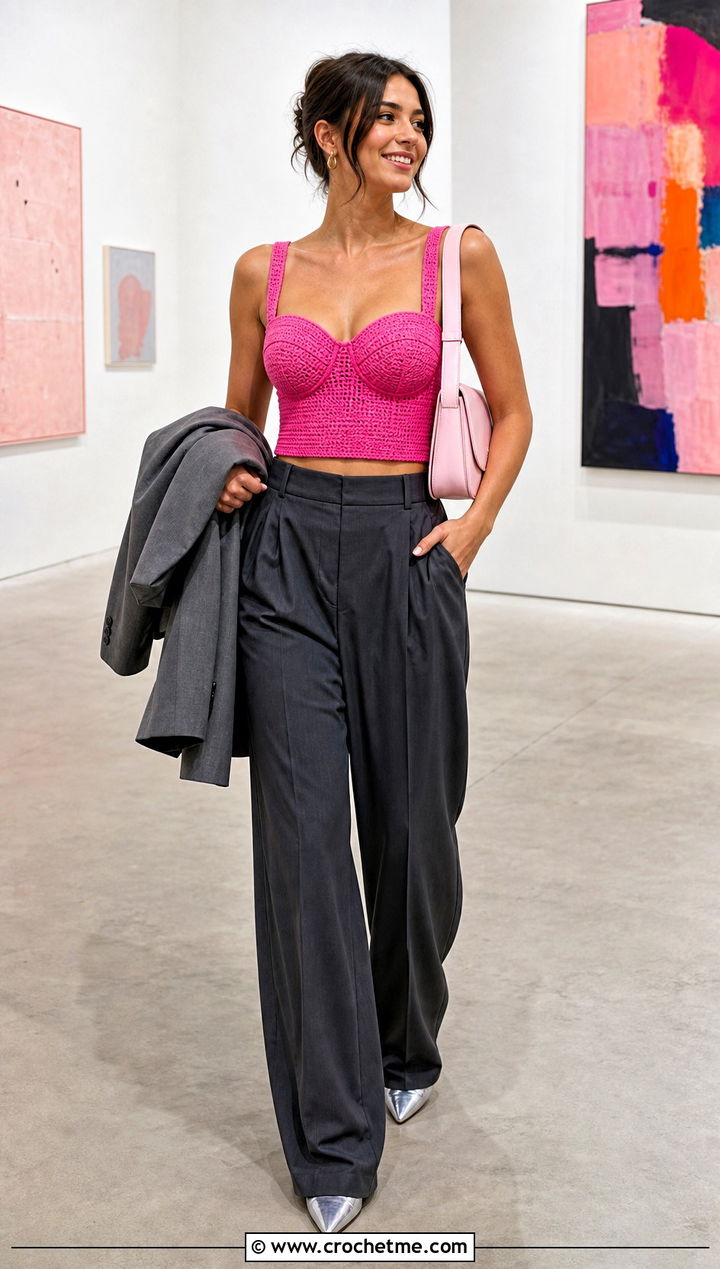 Corset Crochet Crop Top With Pleated Trousers - 25 Crochet Summer Crop Tops outfit ideas