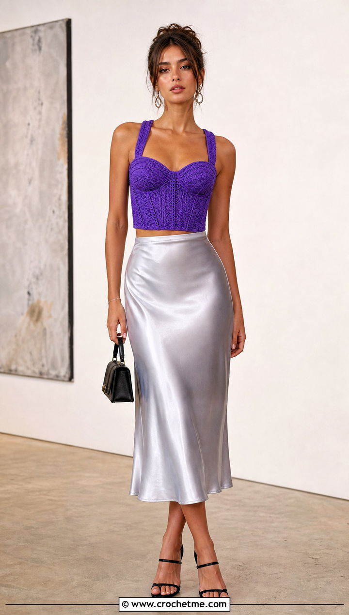 Corset Crochet Crop Top With Satin Midi Skirt - 15 crochet crop tops for women outfit ideas