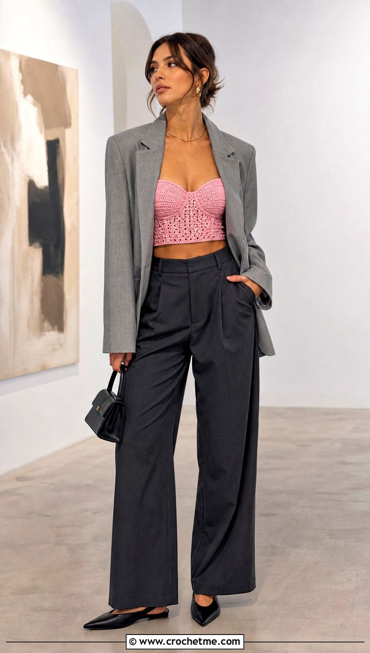 Corset Crochet Crop Top With Tailored Trousers - 30 cute crochet crop top outfit ideas