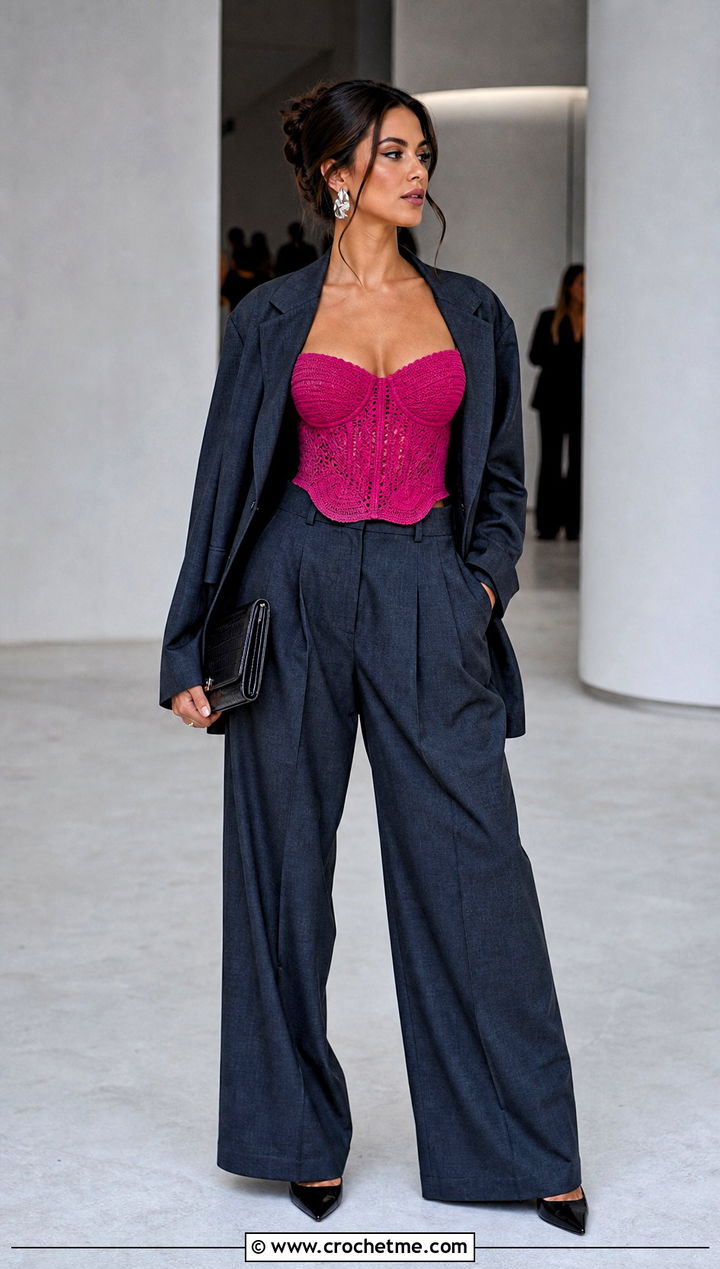 Corset Crochet Delilah Top With Oversized Suit - 30 crochet delilah top outfit ideas