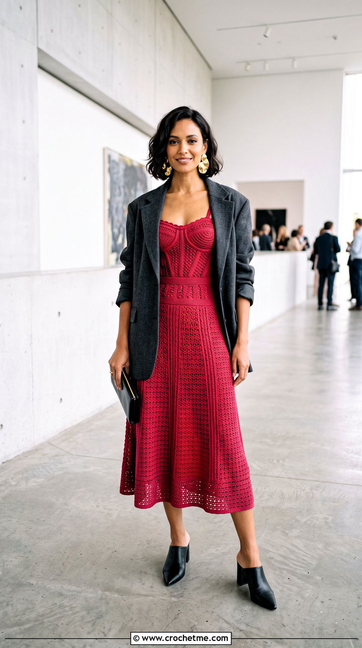 Corset Crochet Dress With Oversized Blazer - 15 Rustic Crochet Dress Design outfit ideas