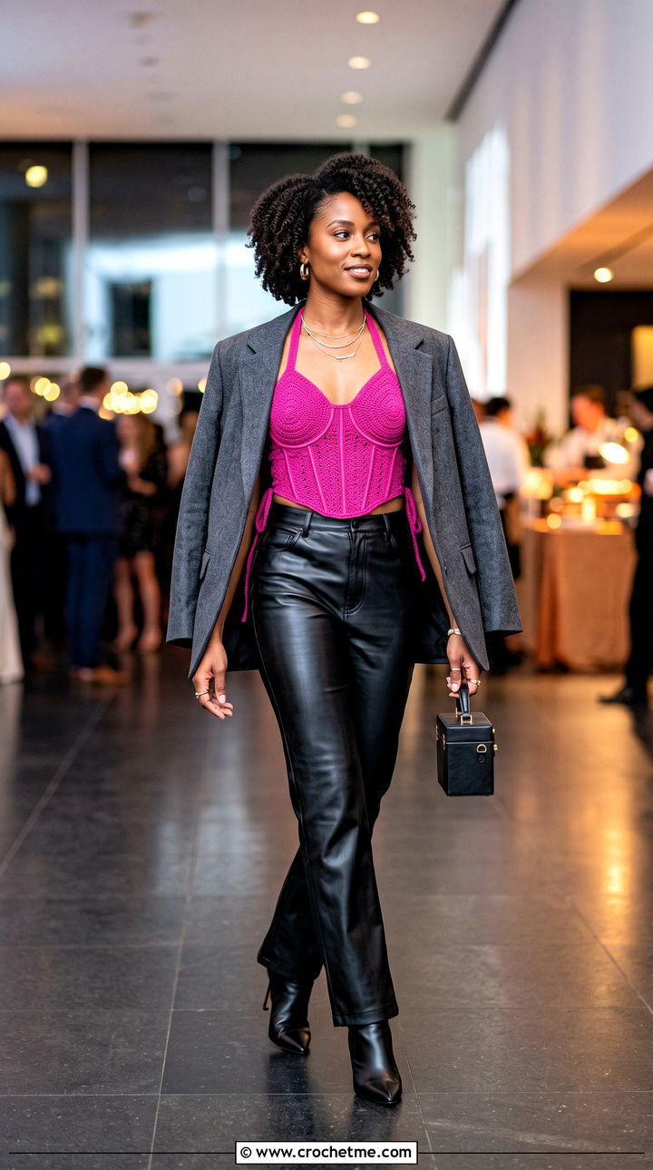 Corset Crochet Halter Top With Leather Pants - 35 crochet halter top outfit ideas