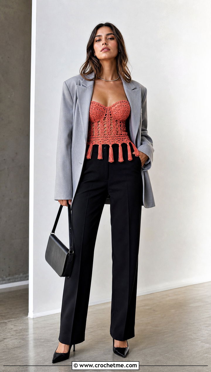 Corset Crochet Lace Top With Oversized Blazer - 15 Crochet Lace Top With Tassels outfit ideas
