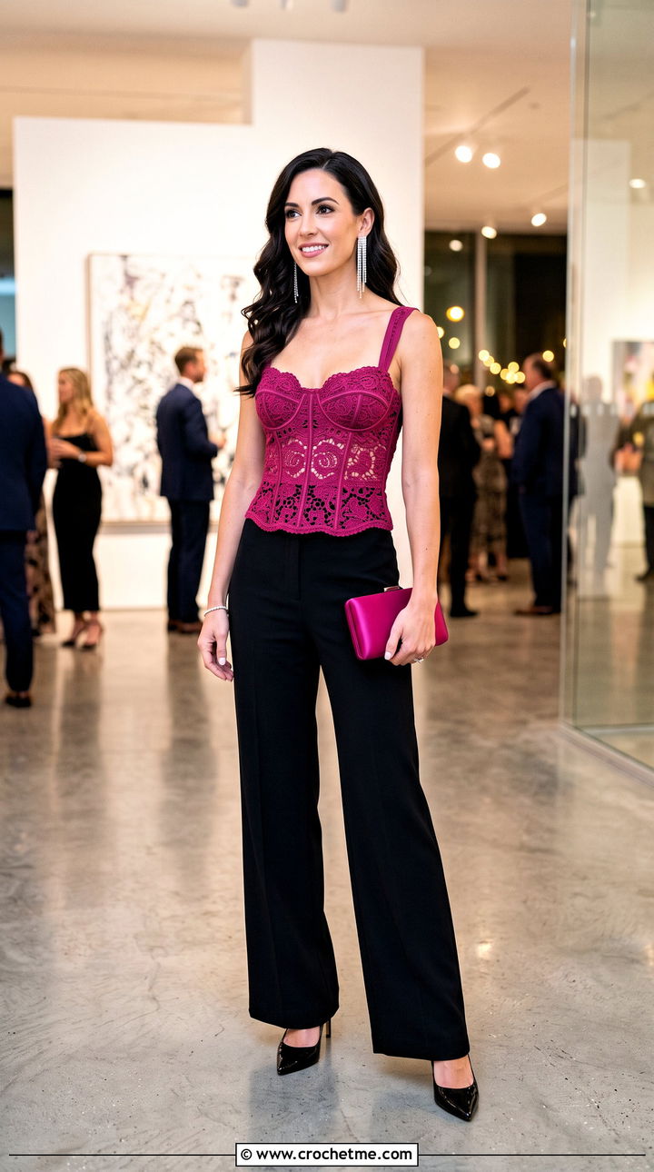 Corset Crochet Lace Top With Wide Leg Trousers - 35 crochet lace top outfit ideas