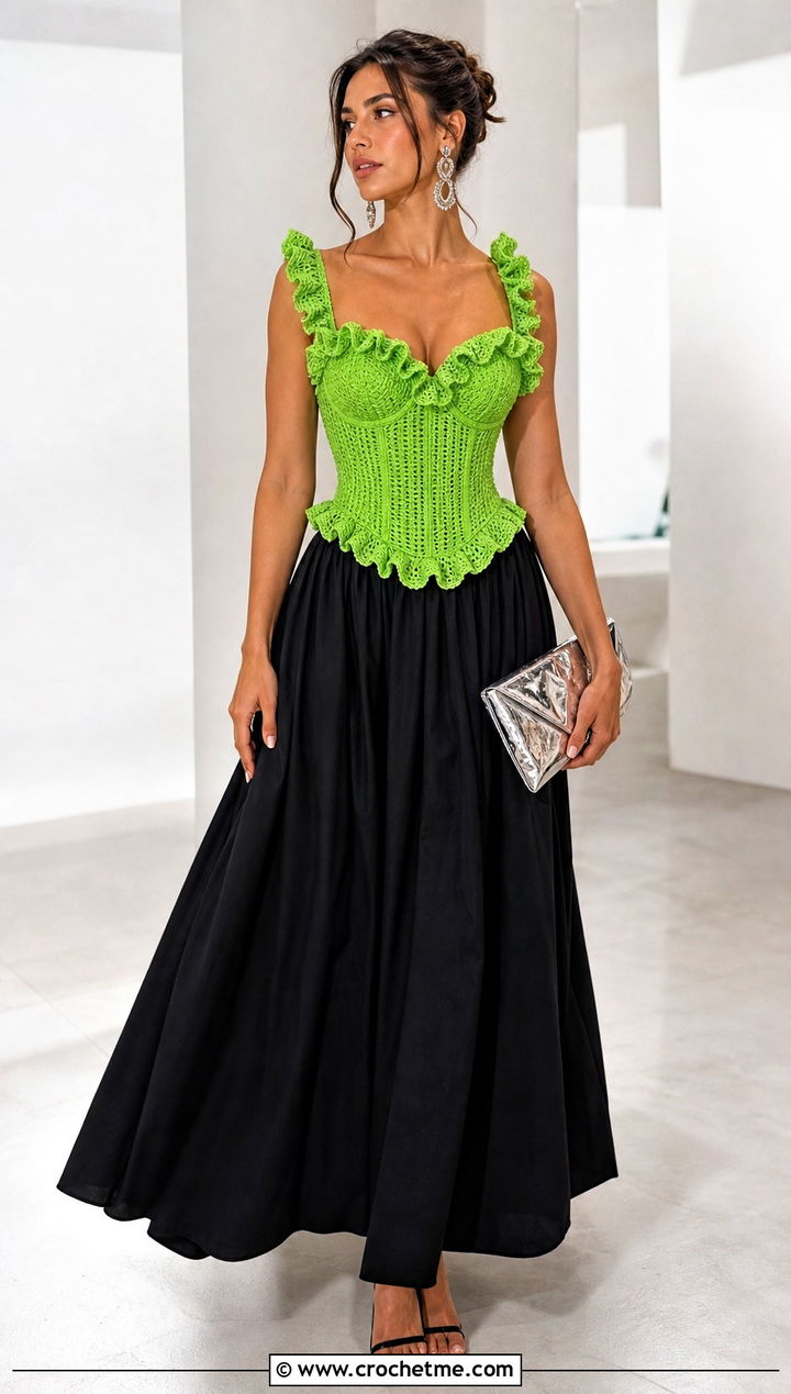 Corset Crochet Ruffle Edging Top With Full Maxi Skirt - 15 Crochet Ruffle Edging Top outfit ideas