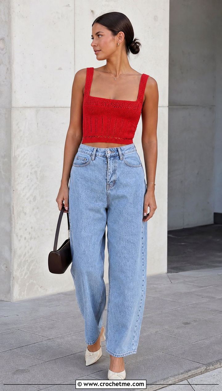 Corset Crochet Square Neck Top With Barrel Jeans - 35 crochet square neck top outfit ideas