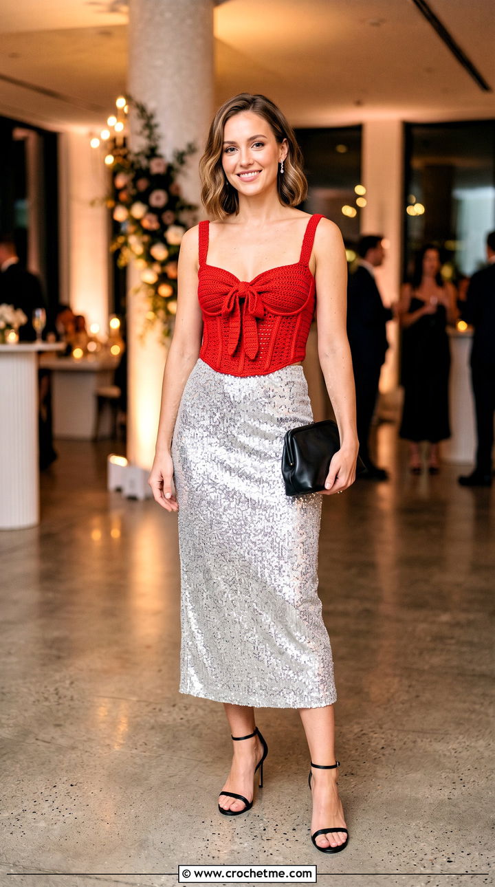 Corset Crochet Top With Front Bow And Sequin Midi Skirt - 15 crochet top with bow detail outfit ideas