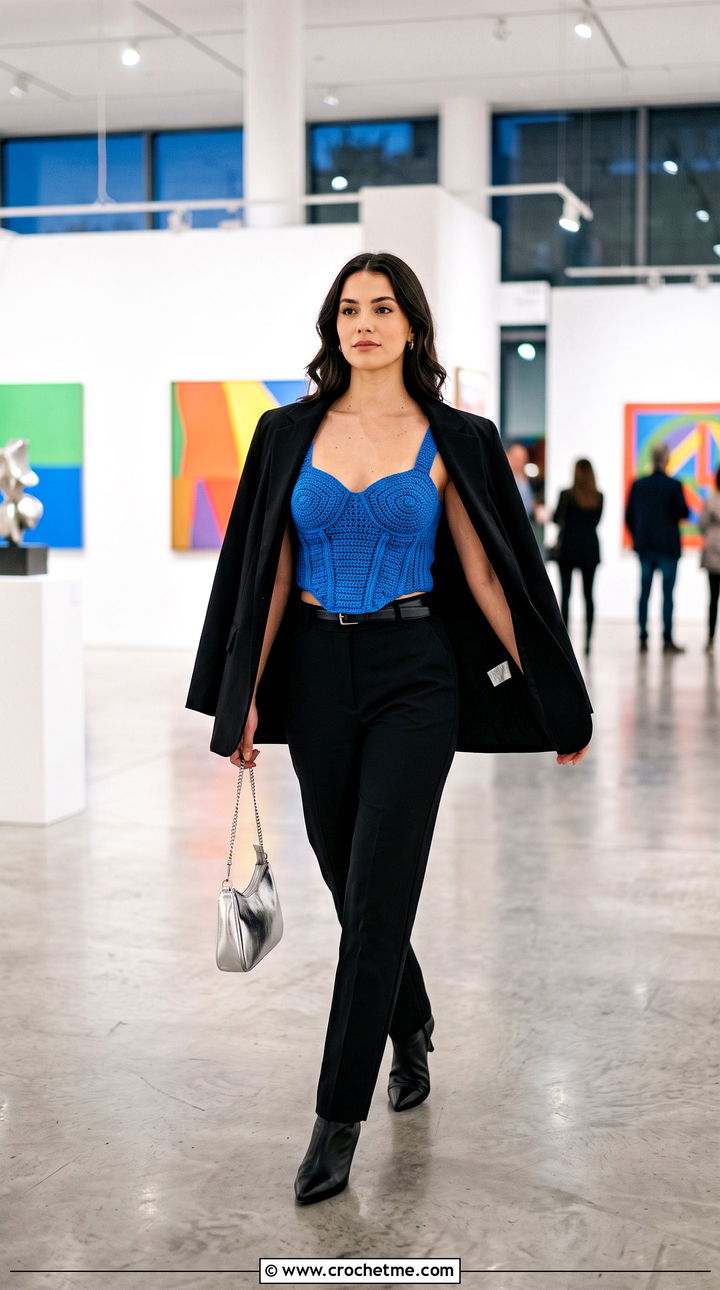 Corset Crochet Top With Oversized Suit - 30 crochet fall tops outfit ideas