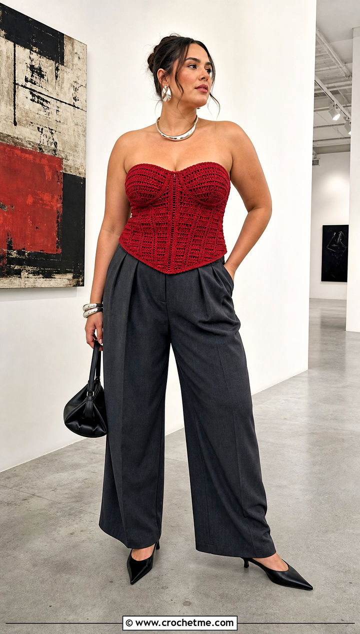 Corset Crochet Top With Tailored Trousers - 35 strapless crochet top outfit ideas