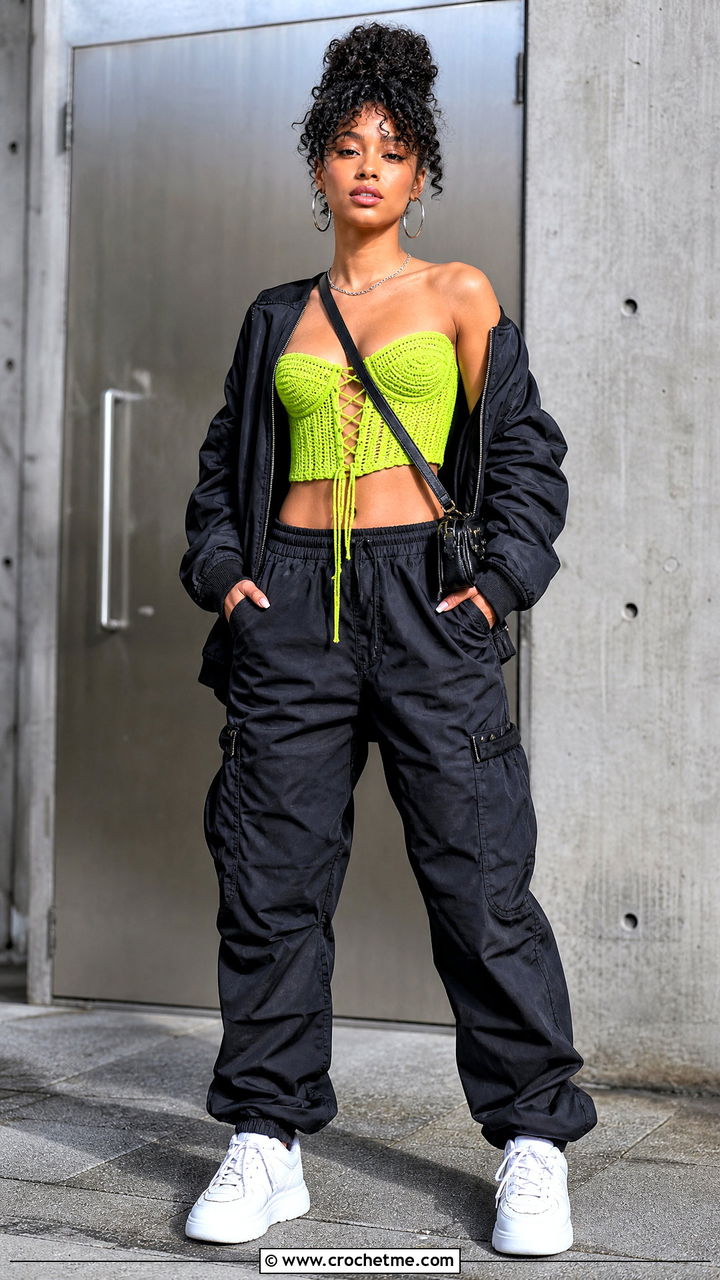 Corset Cup Crochet Top With Cargo Pants - 35 crochet cup top outfit ideas