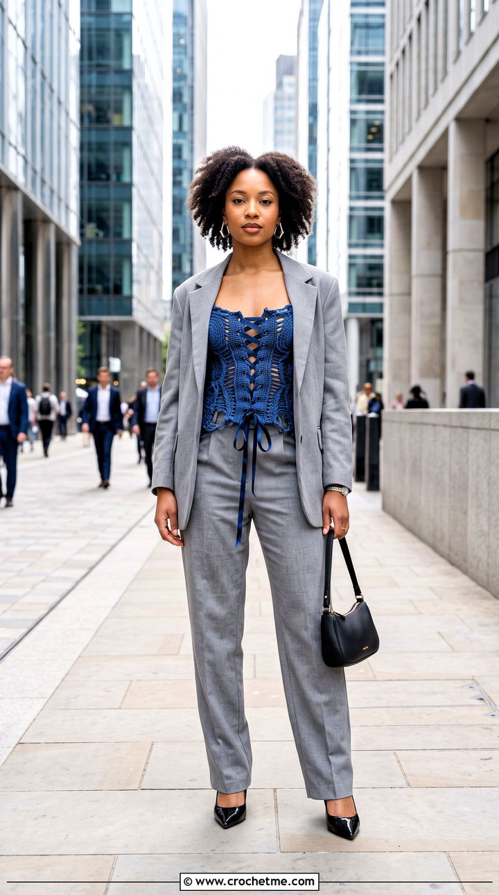 Corset Distressed Crochet Top With A Blazer Suit - 35 Distressed Crochet Top outfit ideas