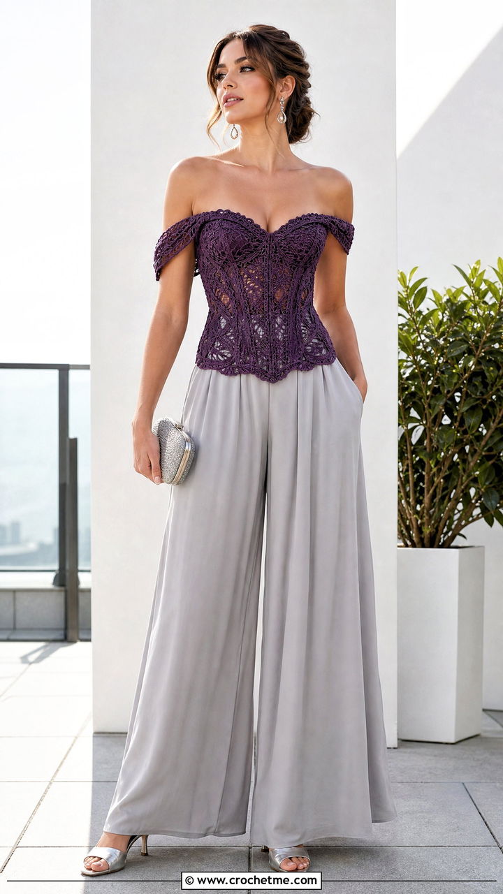 Corset Fit Crochet Off Shoulder Top With Palazzo Pants - 35 Crochet Off Shoulder Top outfit ideas