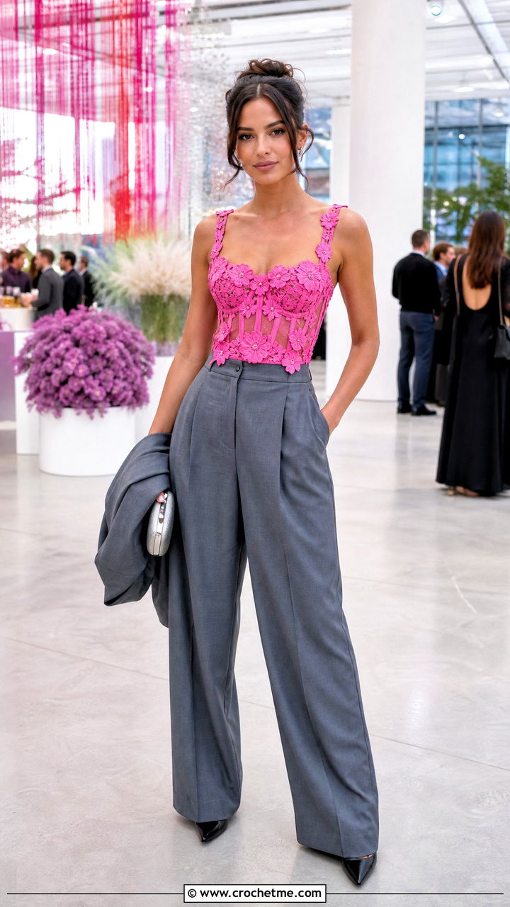 Corset Flower Tank Top With Wide Leg Suit Pants - 35 crochet flower tank top outfit ideas
