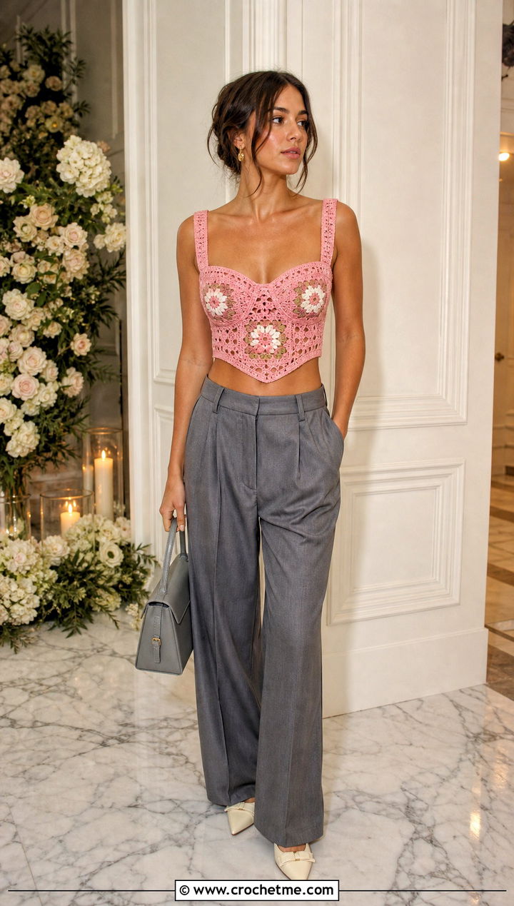 Corset Granny Square Crochet Crop Top With Pleated Pants - 30 granny square crochet crop top outfit ideas