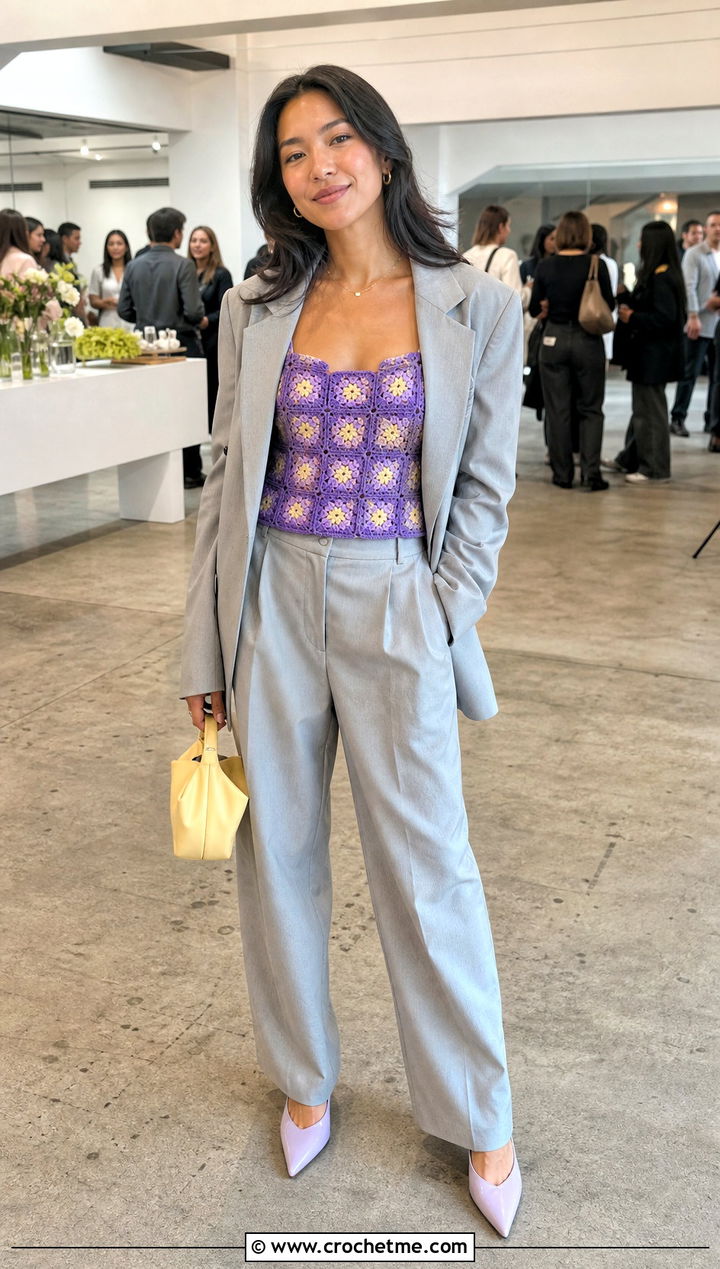 Corset Granny Square Top With A Trouser Suit - 25 Square Crochet Top outfit ideas