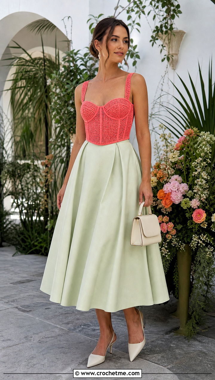 Corset Inspired Crochet Tank Top With Full Midi Skirt - 20 crochet tank tops aesthetic outfit ideas
