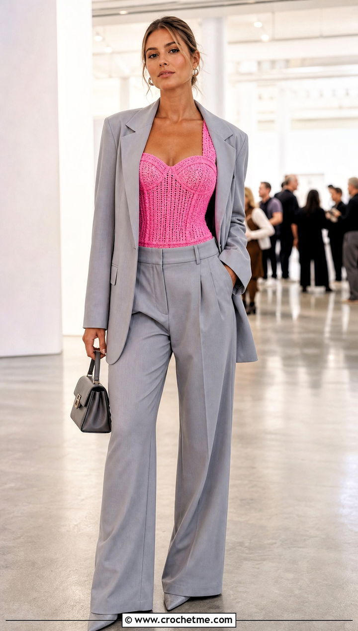 Corset Inspired Crochet Top With Trouser Suit - 35 Fitted Crochet Top outfit ideas
