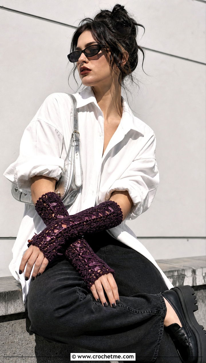 Corset Lace Crochet Arm Warmers With Oversized Shirt - 30 easy crochet hand warmers outfit ideas