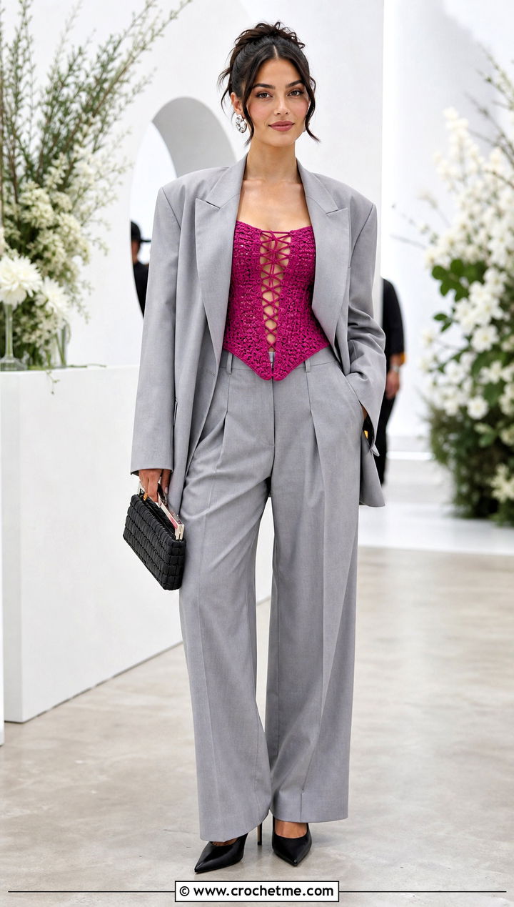 Corset Lace Up Crochet Top With Oversized Suit - 25 Crochet Top With Ties outfit ideas