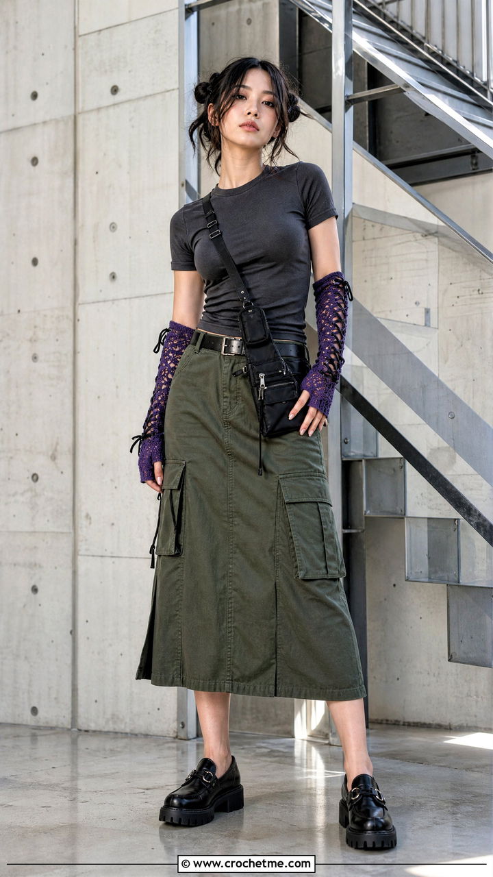Corset Laced Crochet Arm Warmers With Cargo Skirt - 35 crochet arm warmers outfit ideas
