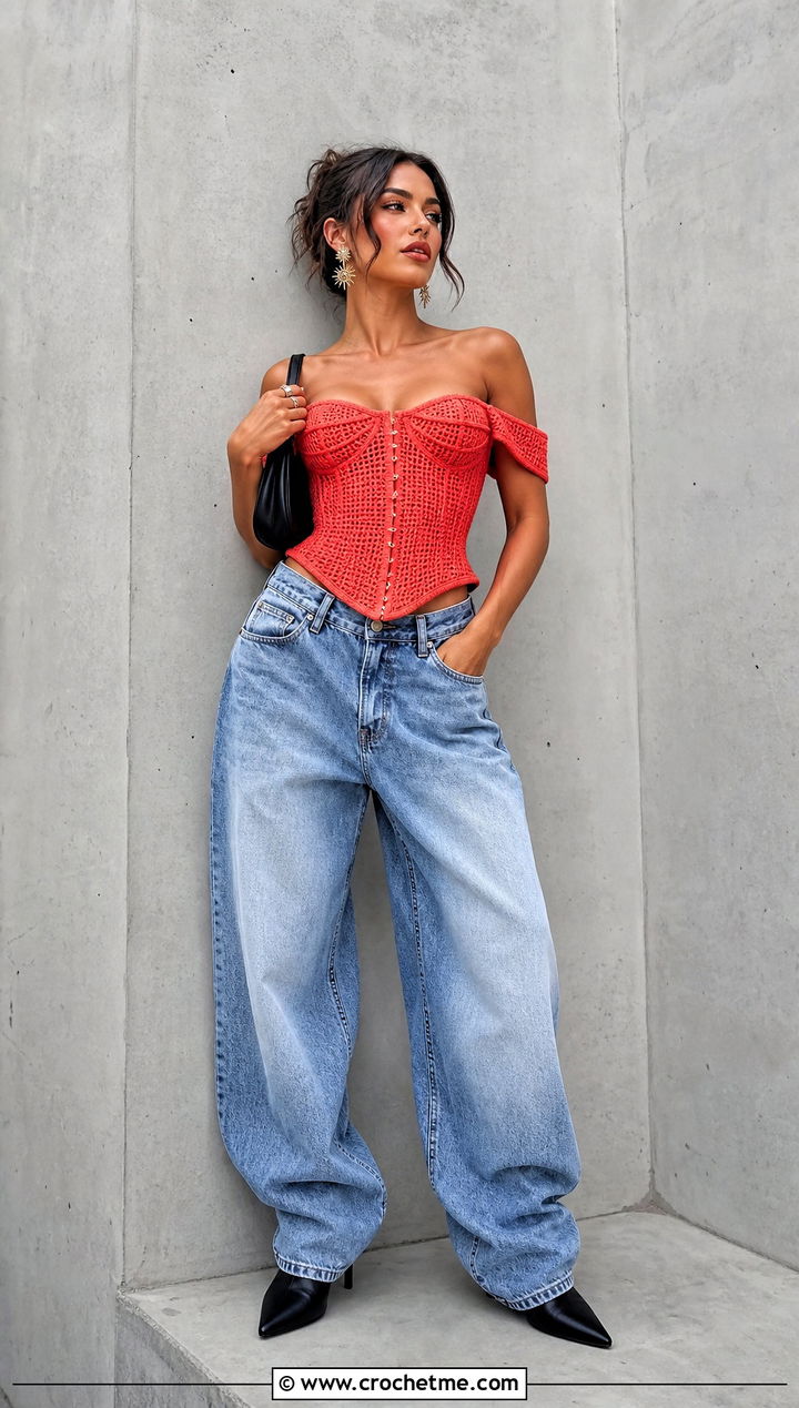 Corset Off Shoulder Crochet Top With Baggy Jeans - 30 Off Shoulder Crochet Top outfit ideas