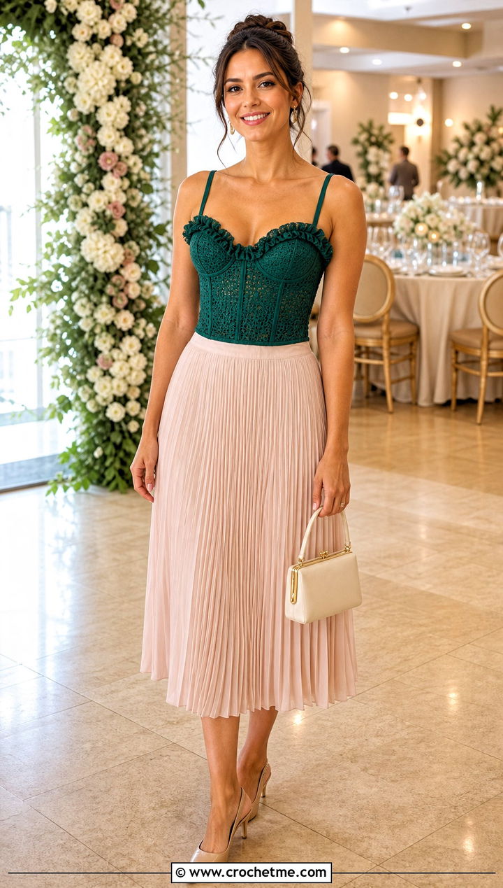 Corset Ruffle Crochet Top With Pleated Midi Skirt - 35 crochet top with ruffles outfit ideas