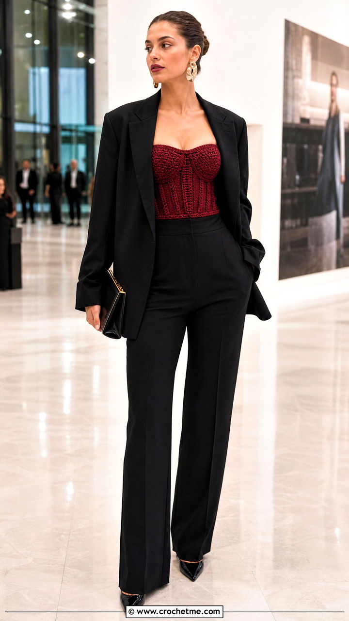 Corset Style Crochet Bandeau Top With Tailored Trousers - 35 crochet bandeau top outfit ideas