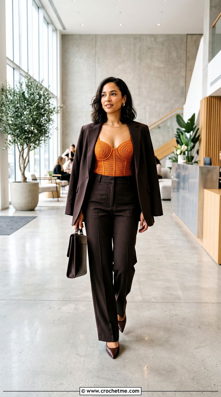 Corset Style Crochet Bra With Trouser Suit - 35 crochet bra outfit ideas