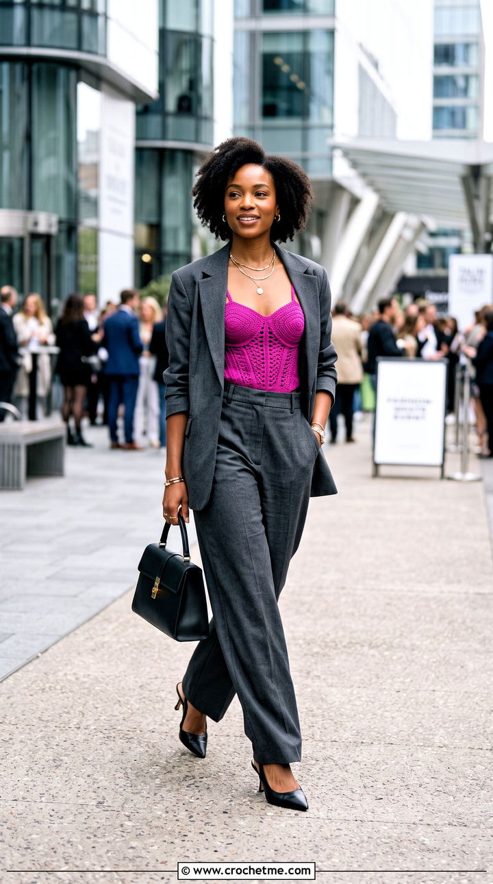 Corset Style Crochet Cami Top With Relaxed Suit - 30 crochet cami top outfit ideas