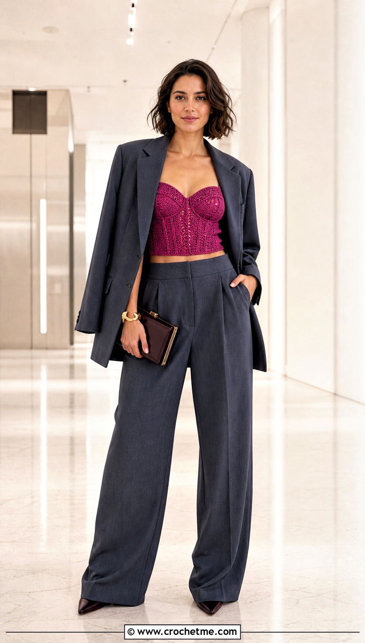 Corset Style Crochet Crop Vest With Relaxed Suit - 30 crochet crop vest outfit ideas