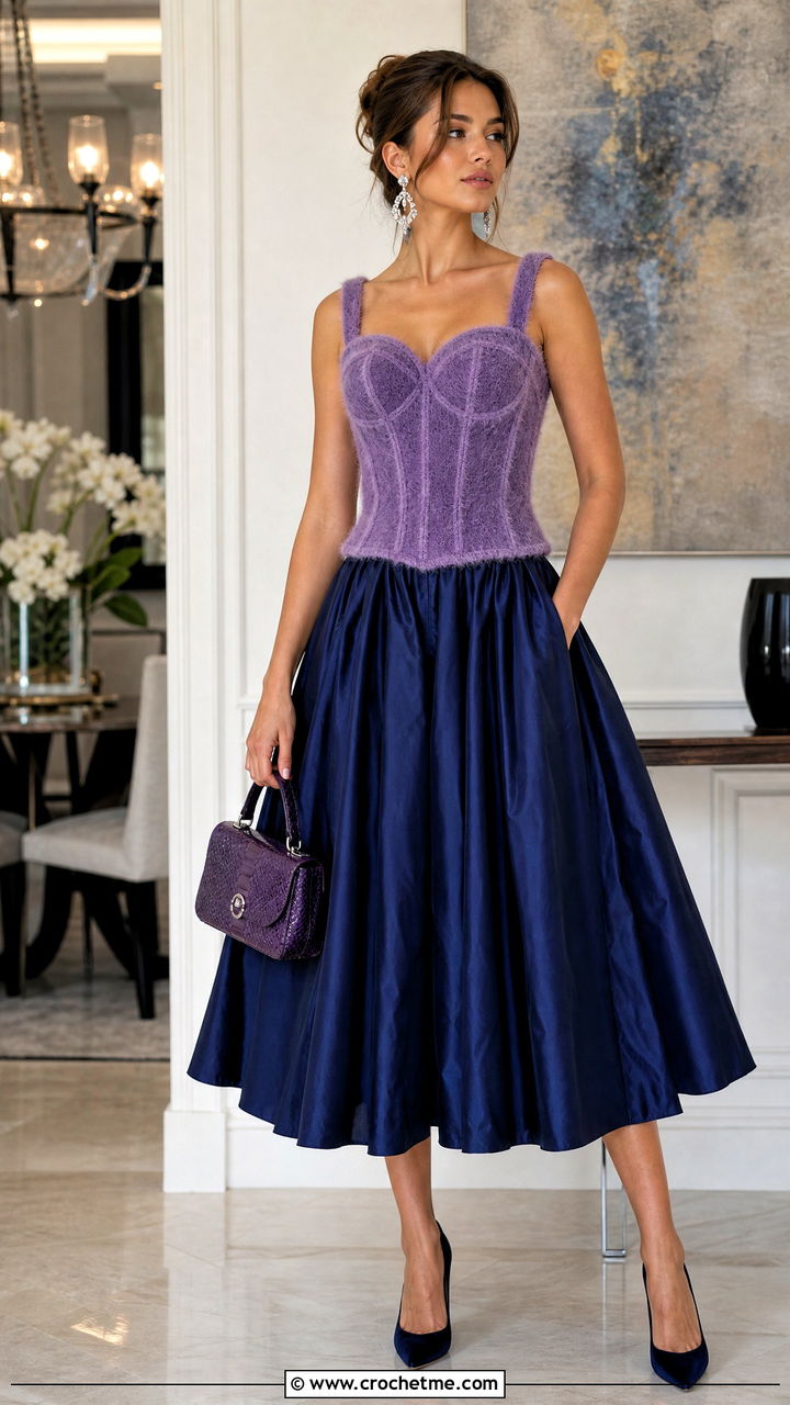 Corset Style Crochet Mohair Top With Full Midi Skirt - 35 crochet mohair top outfit ideas